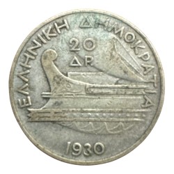 Grèce - 20 Drachmes 1930 - Poséidon - argent 11g 0,500 - Londres - TB 2
