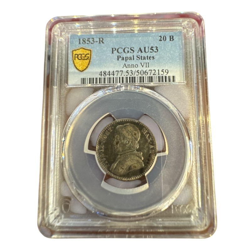 Vatican - 20 Baiocchi 1853 R Rome - argent - PCGS AU53
