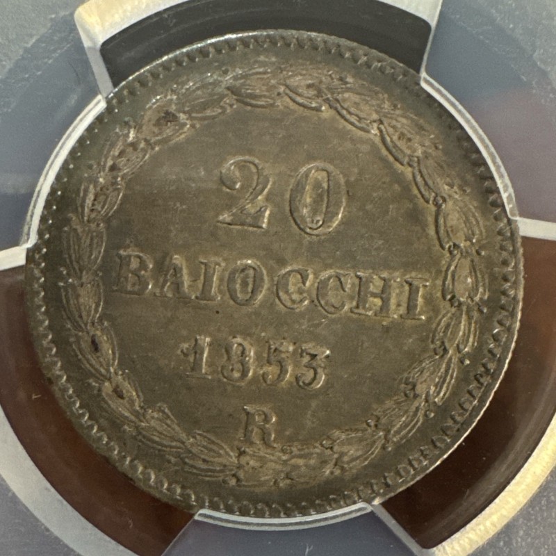 Vatican - 20 Baiocchi 1853 R Rome - argent - PCGS AU53