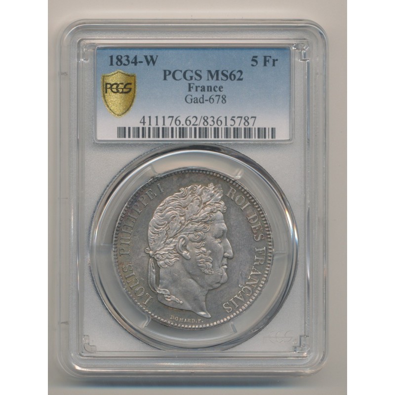 5 Francs Louis philippe I - 1834 W Lille - PCGS MS62 83615787