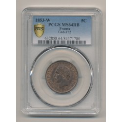 Napoléon III - Tête nue - 5 centimes - 1853 W Lille - PCGS MS64RB