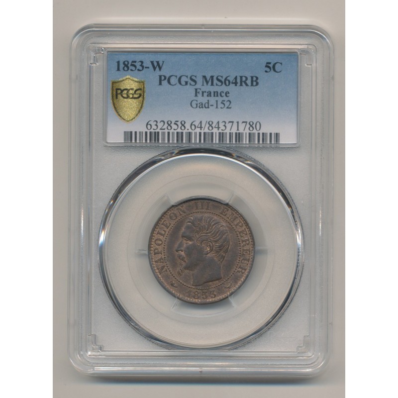 Napoléon III - Tête nue - 5 centimes - 1853 W Lille - PCGS MS64RB
