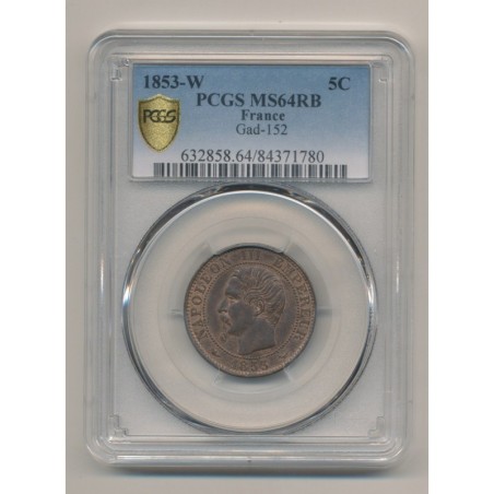 Napoléon III - Tête nue - 5 centimes - 1853 W Lille - PCGS MS64RB