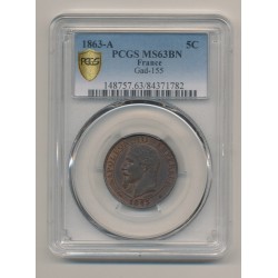 Napoléon III - Tête laurée - 5 centimes - 1863 A Paris - PCGS MS63BN