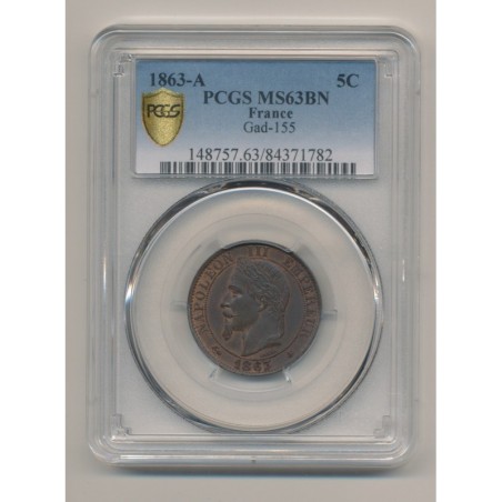 Napoléon III - Tête laurée - 5 centimes - 1863 A Paris - PCGS MS63BN