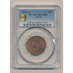 Napoléon III - Tête laurée - 5 centimes - 1864 A Paris - PCGS MS64RB