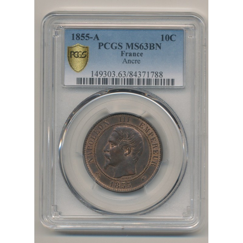 Napoléon III - Tête nue - 10 centimes - 1855 A Paris - PCGS MS63BN