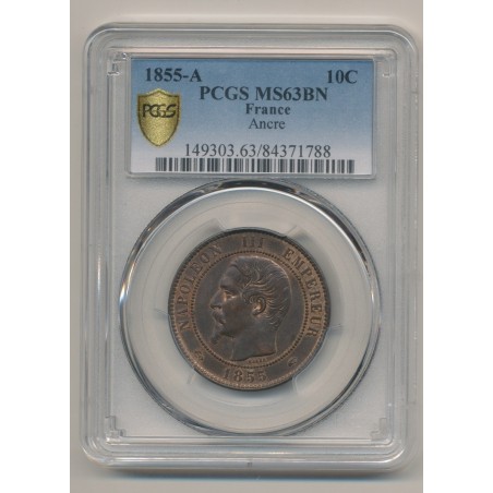 Napoléon III - Tête nue - 10 centimes - 1855 A Paris - PCGS MS63BN