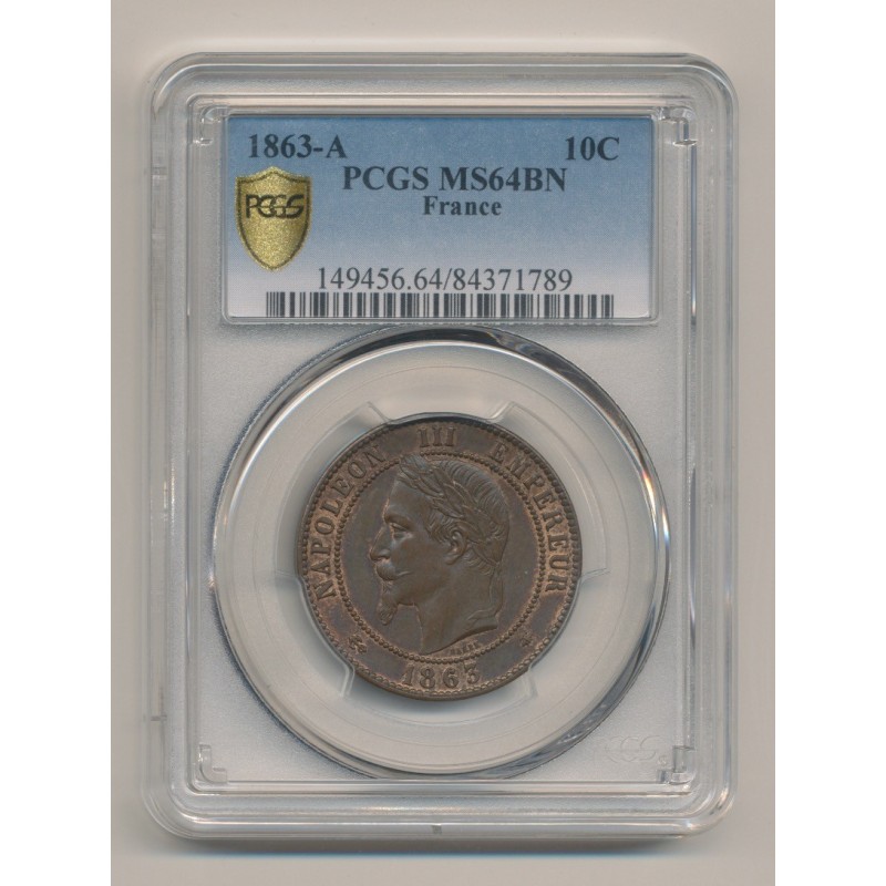 Napoléon III - Tête laurée - 10 centimes - 1863 A Paris - PCGS MS64BN