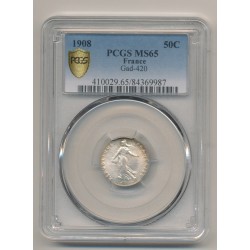Semeuse - 50 Centimes - 1908 - PCGS MS65