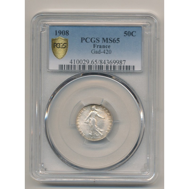 Semeuse - 50 Centimes - 1908 - PCGS MS65